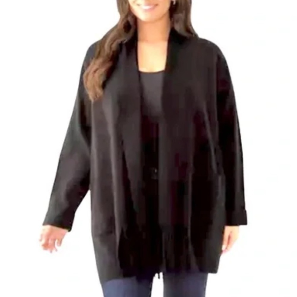 Magaschoni Women Plus SZ 2X Black Open Drape Fringed Front Longer Cardigan NWT